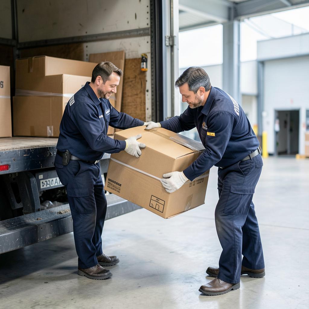 ABR Cargo team loading packed cardboard boxes into a truck at a loading dock