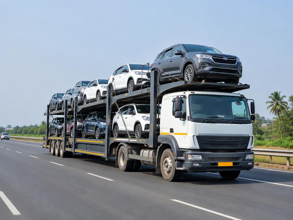 Car carrier truck transporting vehicles on an Indian highway