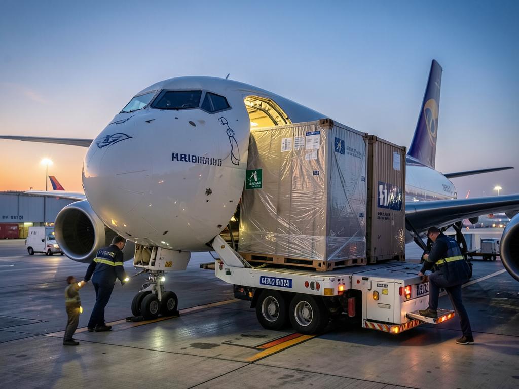 Air cargo container being loaded into a freight aircraft