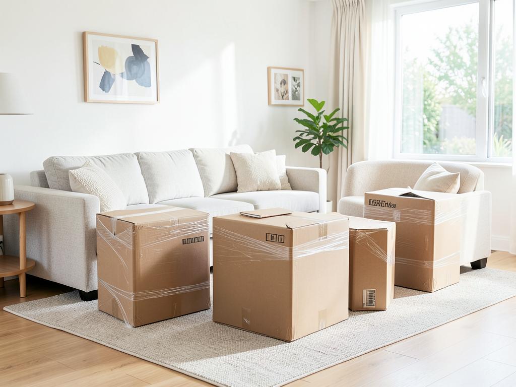 Furniture and cardboard boxes packed and wrapped for a residential move