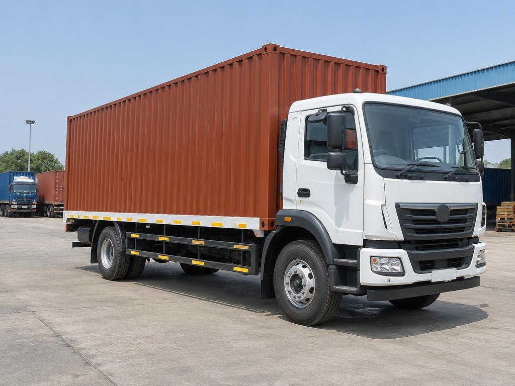 Large container truck parked at a logistics depot ready for rental